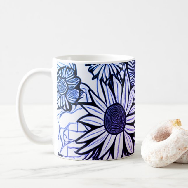 Taza De Café Resumen Línea Dibujo Floral Arte Azul púrpura (Con donut)