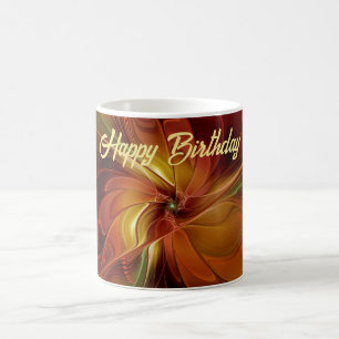 Taza De Café Resumen Naranja rojo Brown Flor de arte fractal ve
