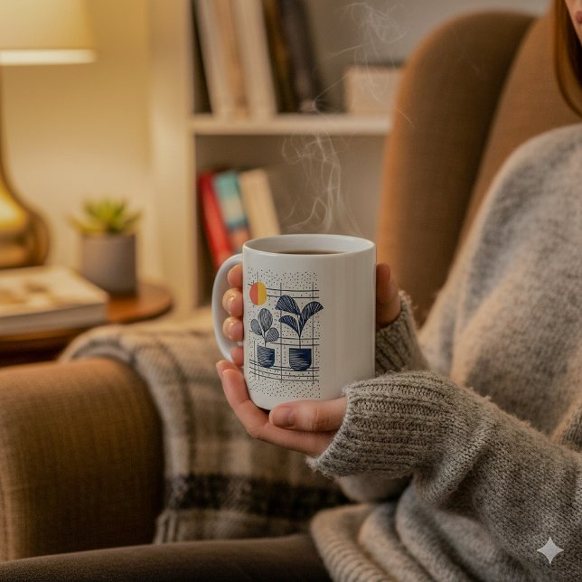 Taza De Café Resumen Plantas botánicas (Abstract house plant mug being used in a cosy home setting)