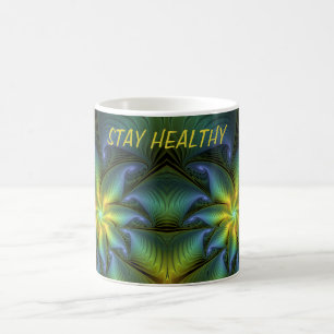 Taza De Café Resumen Star Shiny Blue Green Golden Fractal Texto