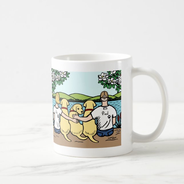 Taza De Café Retrato amarillo de Labradors y de los padres (Derecha)