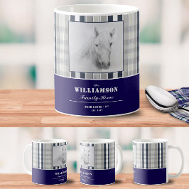 Taza De Café Retrato de caballo en cuadros azul marino con nomb