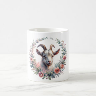 Taza De Café Retrato de cabra floral en acuarela