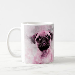Taza De Café Retrato de color de agua de perro de pug rosa 02
