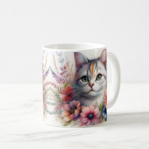 Taza De Café Retrato de gato calico con flores