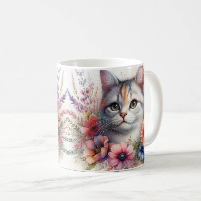Taza De Café Retrato de gato calico con flores (Anverso derecho)