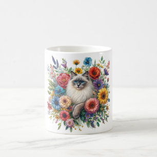 Taza De Café Retrato de gato Ragdoll con flores coloridas