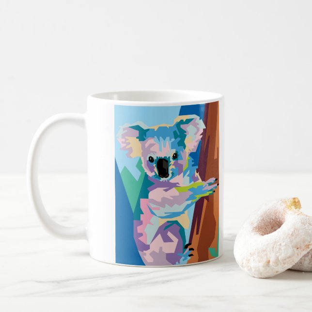 Taza De Café Retrato de Koala, arte pop colorido (Con donut)