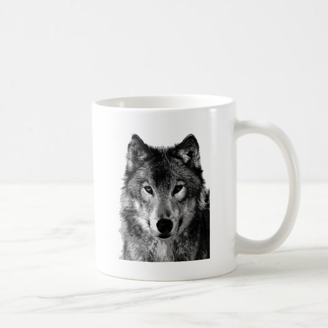 Taza De Café Retrato de lobo blanco y negro (Derecha)