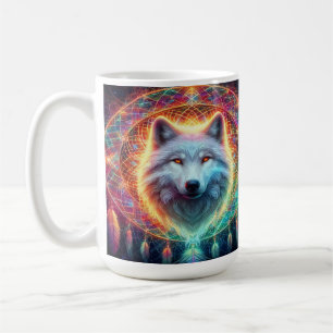 Taza De Café Retrato de lobo colorido con atrapasueños