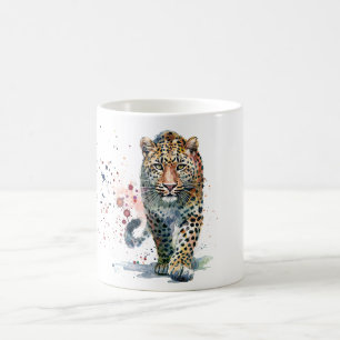 Taza De Café Retrato en Acuarela Colorida de Leopardo