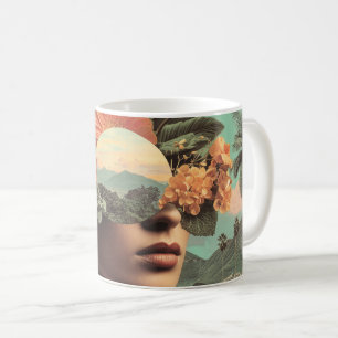 Taza De Café Retrato femenino surrealista con elementos florale
