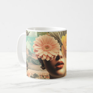 Taza De Café Retrato Femenino Surrealista con Flores Cubriendo