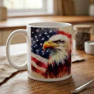 Taza De Café Retrato majestuoso de águila calva con bandera ame
