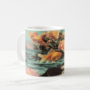Taza De Café Retrato Surrealista con Flores de Goldfish y Océan