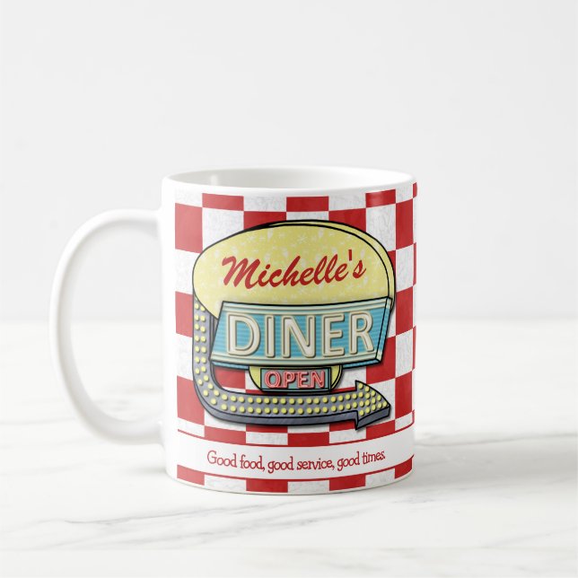 Taza De Café Retro 50 Diner Rótulo Red Checkered Personalizado  (Izquierda)