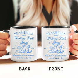 Taza De Café Retro Azul Conchas Marinas y Campanas de Boda Desp