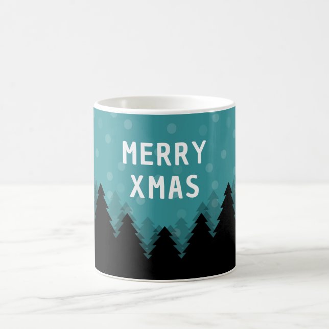 Taza De Café Retro azul Feliz Navidad con pinos y nieve (Centro)