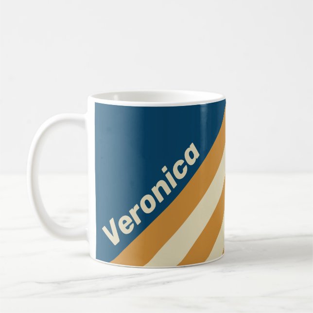 Taza De Café Retro Blue Wave Stripes with Name (Izquierda)