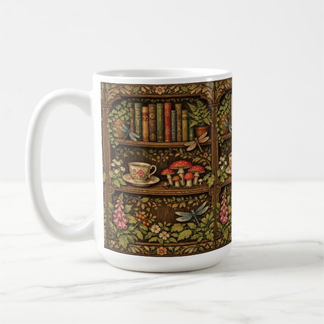 Taza De Café Retro book shelf mushrooms coffee floral  (Izquierda)