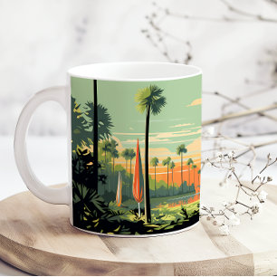 Taza De Café Retro Camping Bosque Atardecer