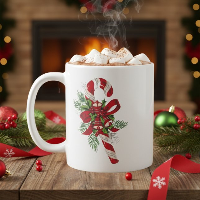 Taza De Café Retro Candy Cane with Bells and Bow Christmas (Retro Candy Cane with Bells and Bow Christmas Coffee Mug)