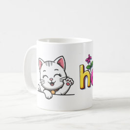Taza de café retro colorida con gato adorable salu