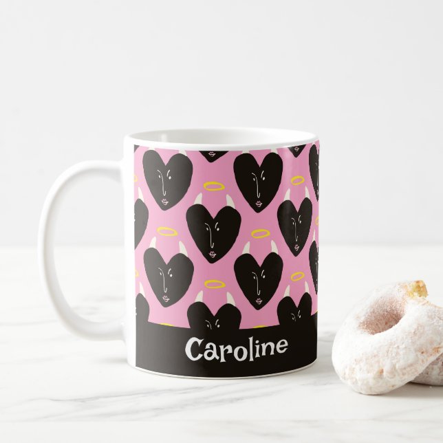 Taza De Café Retro Devil Hearts Kitschy Kitchen Nombre personal (Con donut)