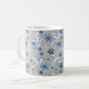 Taza De Café Retro , estampado floral , azul , gris