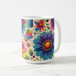 Taza De Café Retro Floral Hippie Arcoíris