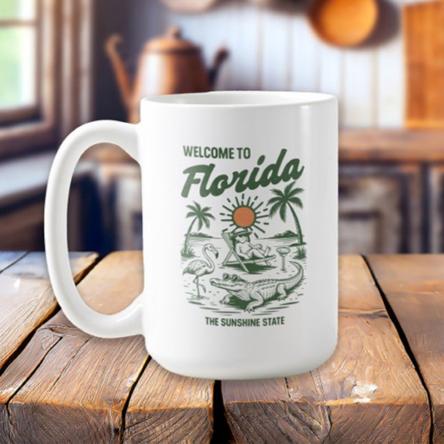 Taza De Café Retro Florida Alligator Palm Trees Sunset (Palm trees and sunset Welcome to Florida mug)