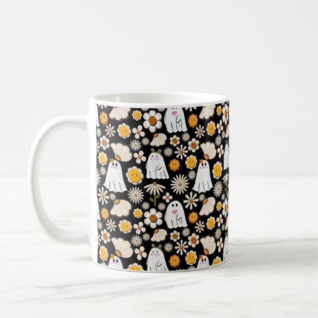 Taza De Café Retro Ghost Flowers Seamless Pattern (Izquierda)