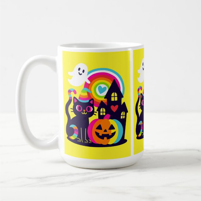 Taza De Café Retro Halloween Kawaii Gato negro, diseño de calab (Izquierda)