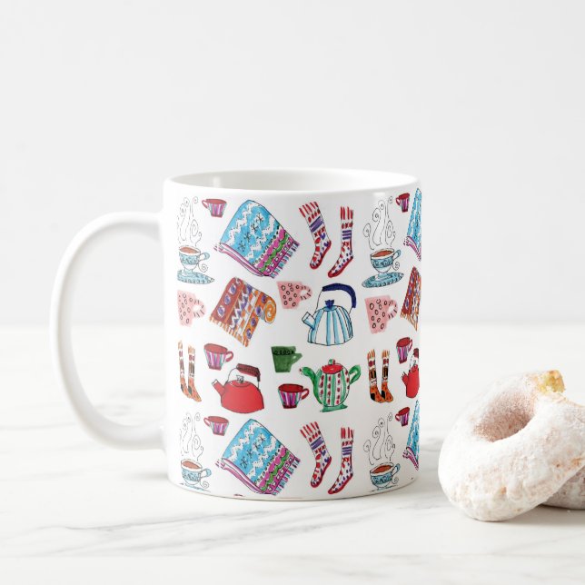 Taza De Café Retro Hygge Hand Drawn Tea Kettles Stockings (Con donut)
