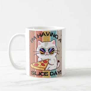 Taza De Café Retro Kawaii lindo gato comiendo pizza