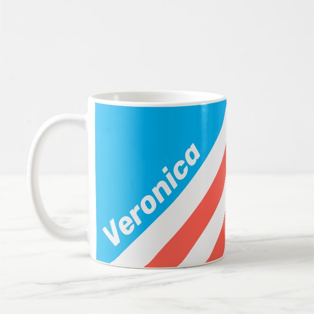 Taza De Café Retro Light Sky Blue Stripes with Name (Izquierda)