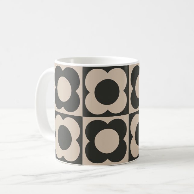 Taza De Café Retro modern -Flower Checkerboard - neutral taupe  (Anverso izquierdo)