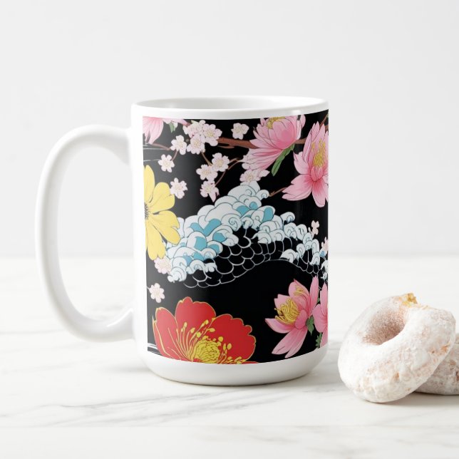 Taza De Café Retro Modern Seigaiha Sakura Flowers Japan party (Con donut)