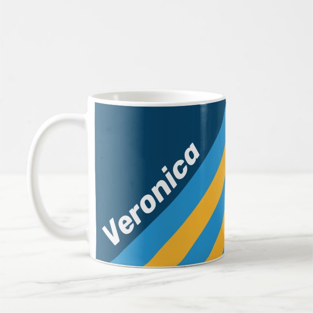 Taza De Café Retro Navy Blue Stripes with Name (Izquierda)