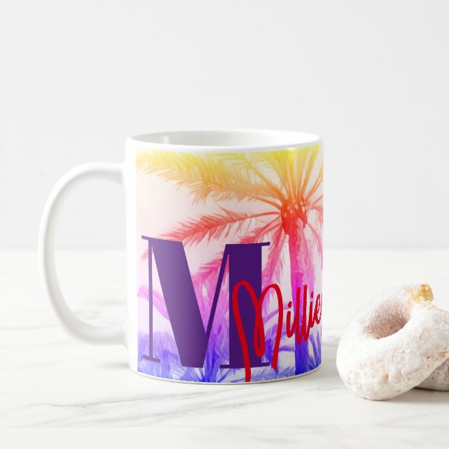 Taza De Café Retro Palm Sunset - Nombre personalizado (Con donut)