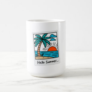 Taza De Café Retro Polaroid Hola Verano Atardecer Tropical Play