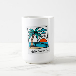 Taza De Café Retro Polaroid Hola Verano Atardecer Tropical Play