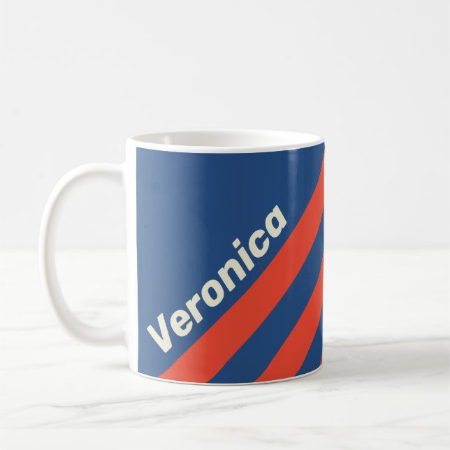 Taza De Café Retro Red & Blue Three Stripes with Name (Izquierda)