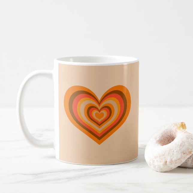 Taza De Café Retro Striped Heart Mug - Orange on Beige (Con donut)