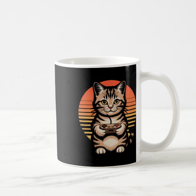 Taza De Café Retro Sunset Gamer Cat Gamepad Kitten Playing Vide (Derecha)