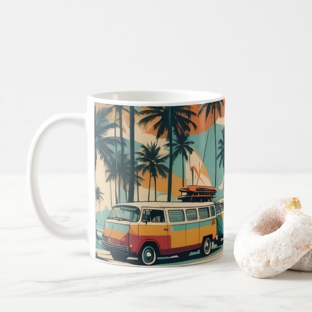 Taza de café Retro Surf Van & Palm Trees | Tropica (Con donut)