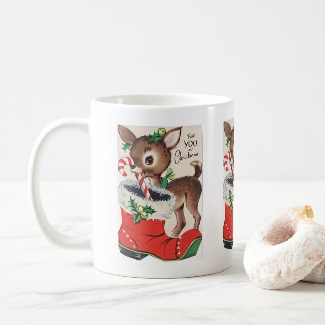 Taza De Café retro vintage Navidad reno festividad (Con donut)
