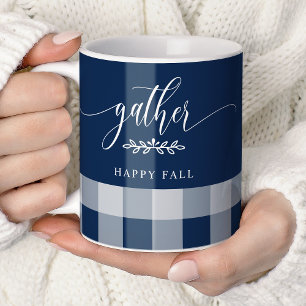 Taza De Café Reunir Feliz Otoño Azul Marino Y Buffalo Check Bla