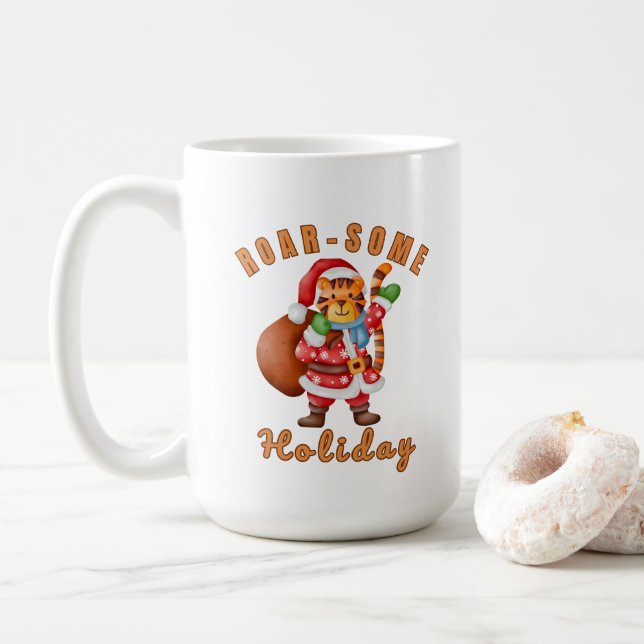 Taza De Café Roar‑some Holiday Tiger Santa christmas (Con donut)