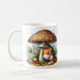 Taza De Café Robin Adorable Bajo El Paraguas Del Mushroom